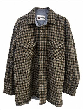 Grizzly Plaid Wool Blend Quilted Lined Shirt Jacket Shacket Men’s L Brown Gray